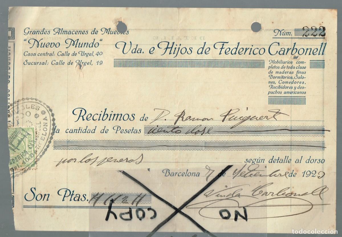Factures anciennes: 1923 RECIBO GRANDES ALMACENES DE MUEBLES &rdquo;NUEVO MUNDO&rdquo; VDA. HIJOS FEDERICO CARBONELL BARCELONA