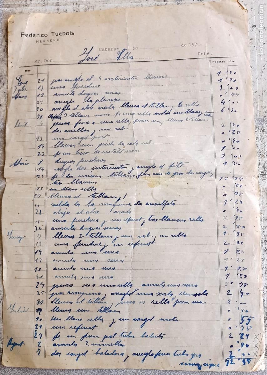 Factures anciennes: 193? INTERESANTE FACTURA POR VOCABULARIO Y PRECIOS TRABAJOS FEDERICO TUEBOLS HERRERO CABANES, GIRONA