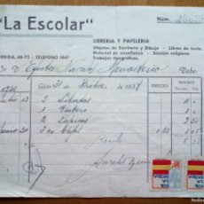 Facturas antiguas: FACTURA DE LIBRERÍA Y PAPELERÍA LA ESCOLAR. CALLE CORRIDA, 68-73. GIJÓN-ASTURIAS. 1937
