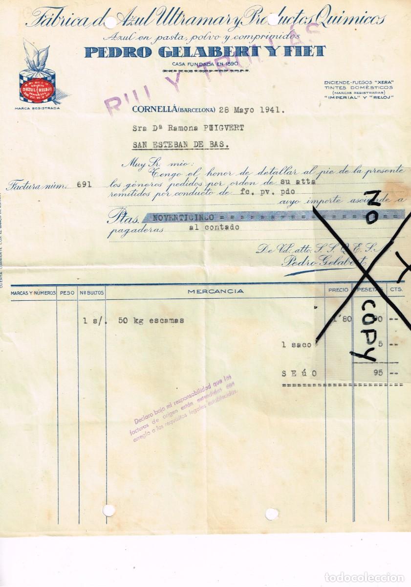 Factures anciennes: 1941 FACTURA F&Aacute;BRICA DE AZUL ULTRAMAR (el antiguo AZULETE) DE PEDRO GELABERT Y FIET, CORNELL&Agrave; LL.