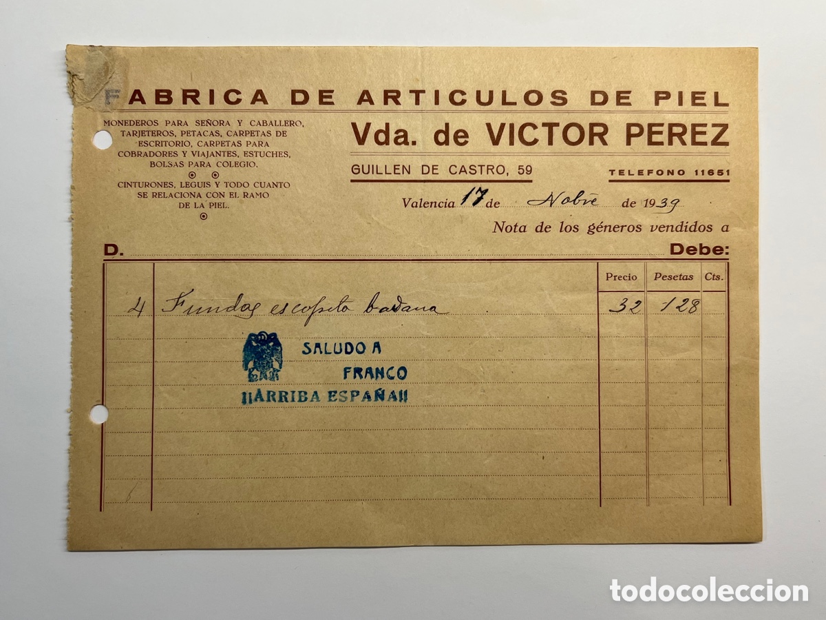 Factures anciennes: F&aacute;brica de Articulos de piel. Vda, de V&iacute;ctor Perez. Factura Funda Escopeta. Saluda a Franco (a.1939)