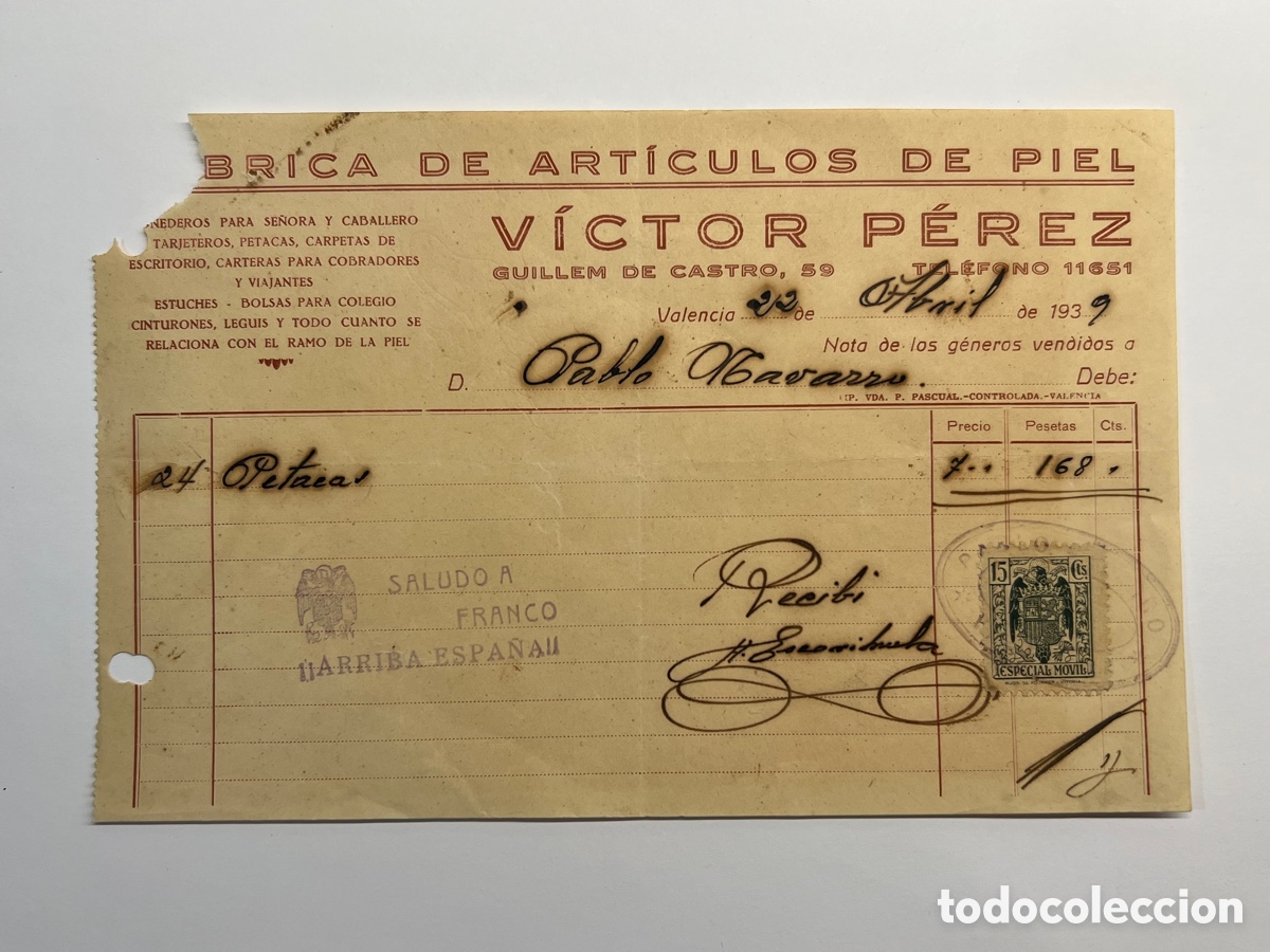 Factures anciennes: F&aacute;brica de Articulos de piel. V&iacute;ctor Perez. Factura Funda Escopeta. Saluda a Franco Arriba Espa&ntilde;a