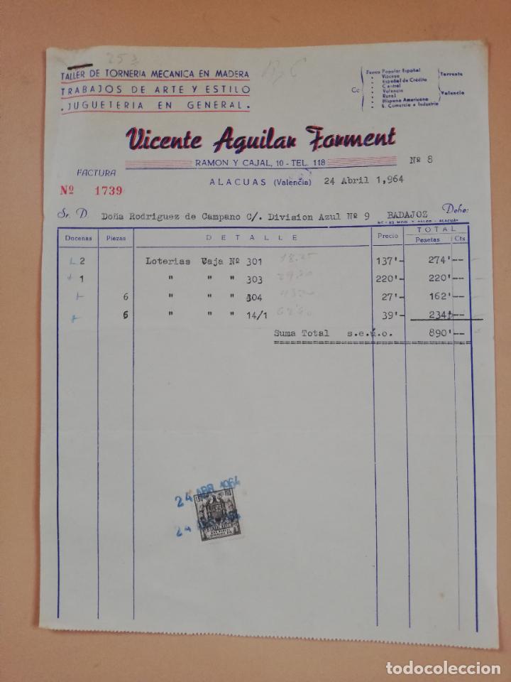 Factures anciennes: FACTURA. TALLERES DE TORNERIA MECANICA EN MADERA. VICENTE AGUILAR. ALACUAS, VALENCIA, 1964.