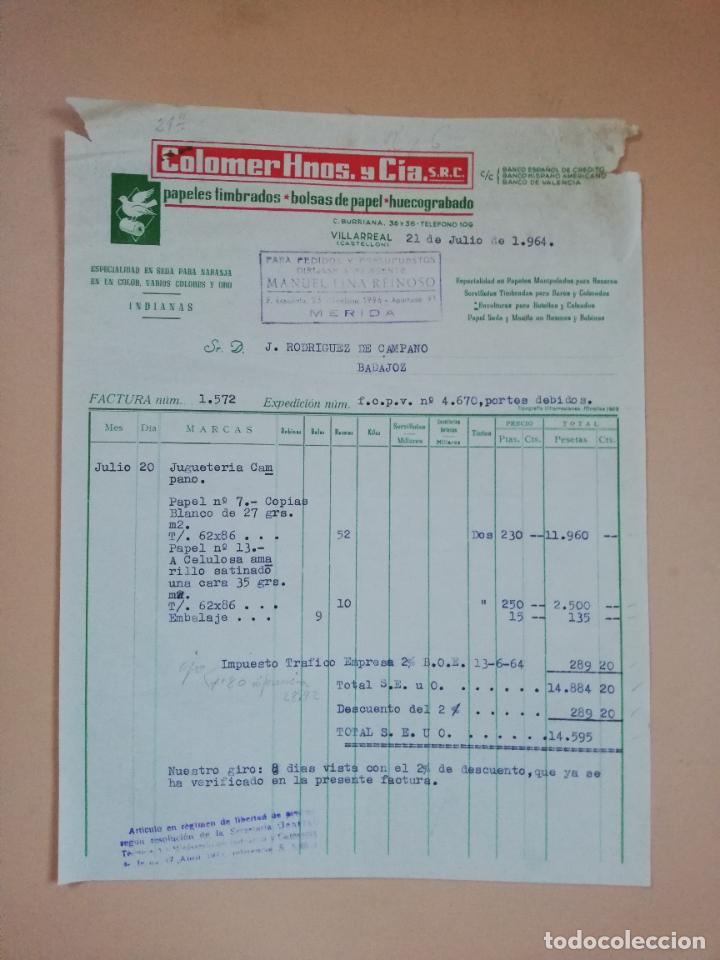 Factures anciennes: FACTURA. PAPELES TIMBRADOS-BOLSAS DE PAPEL. COLOMER HNOS. Y CIA. VILLARREAL, CASTELLON, 1964.
