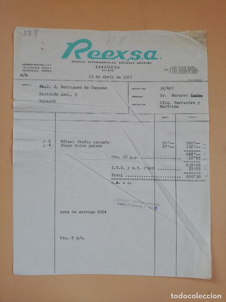 Factures anciennes: FACTURA. RESINAS EXPERIMENTALES. REEX, S.A. ZARAGOZA, 1967.