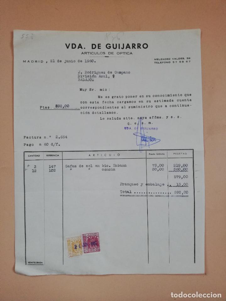 Factures anciennes: FACTURA. ARTICULOS DE OPTICA. VDA. DE GUIJARRO. MADRID, 1960.