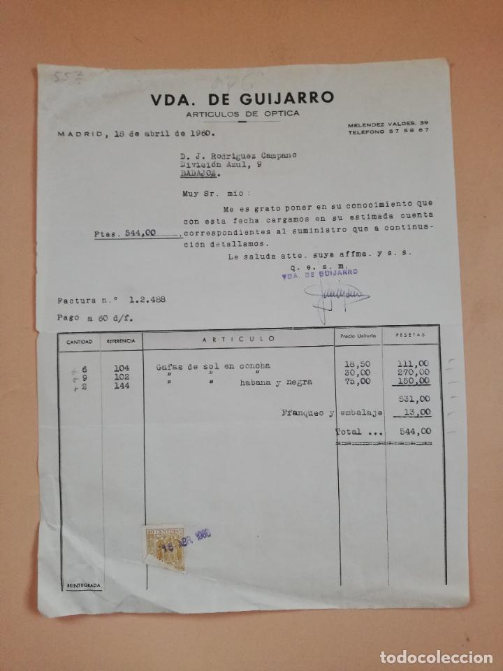 Factures anciennes: FACTURA. ARTICULOS DE OPTICA. VDA. DE GUIJARRO. MADRID, 1960.