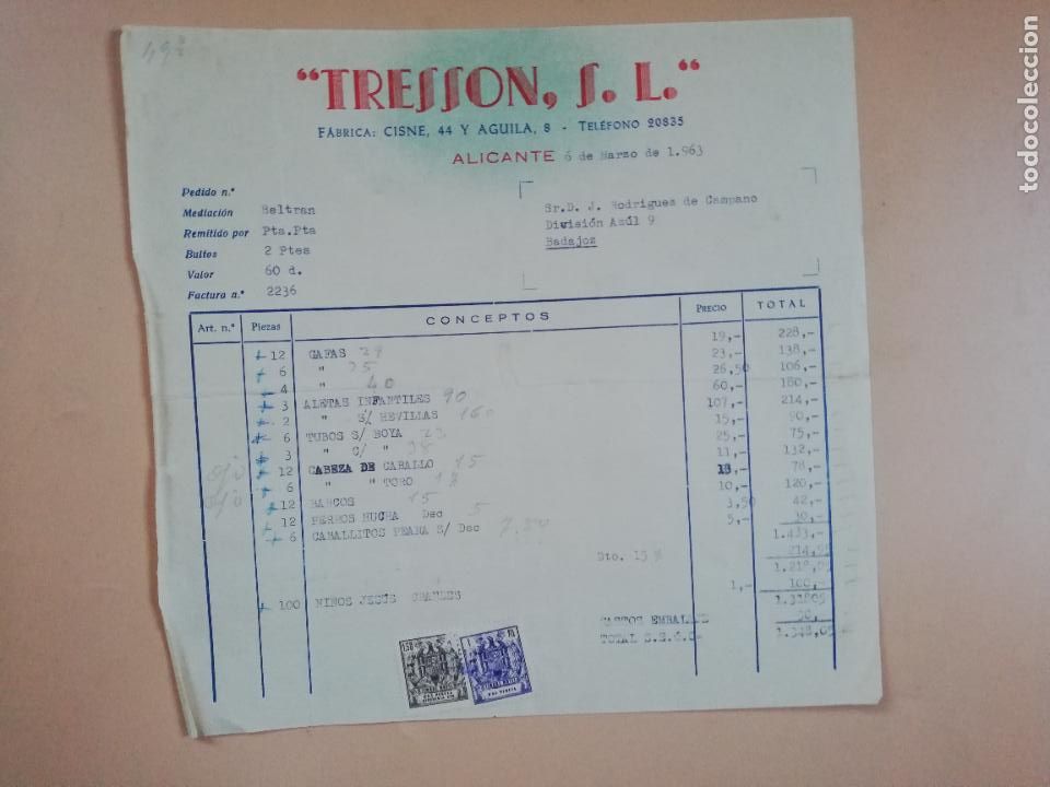 Factures anciennes: FACTURA. TRESSON, S. L. ALICANTE. 1963.