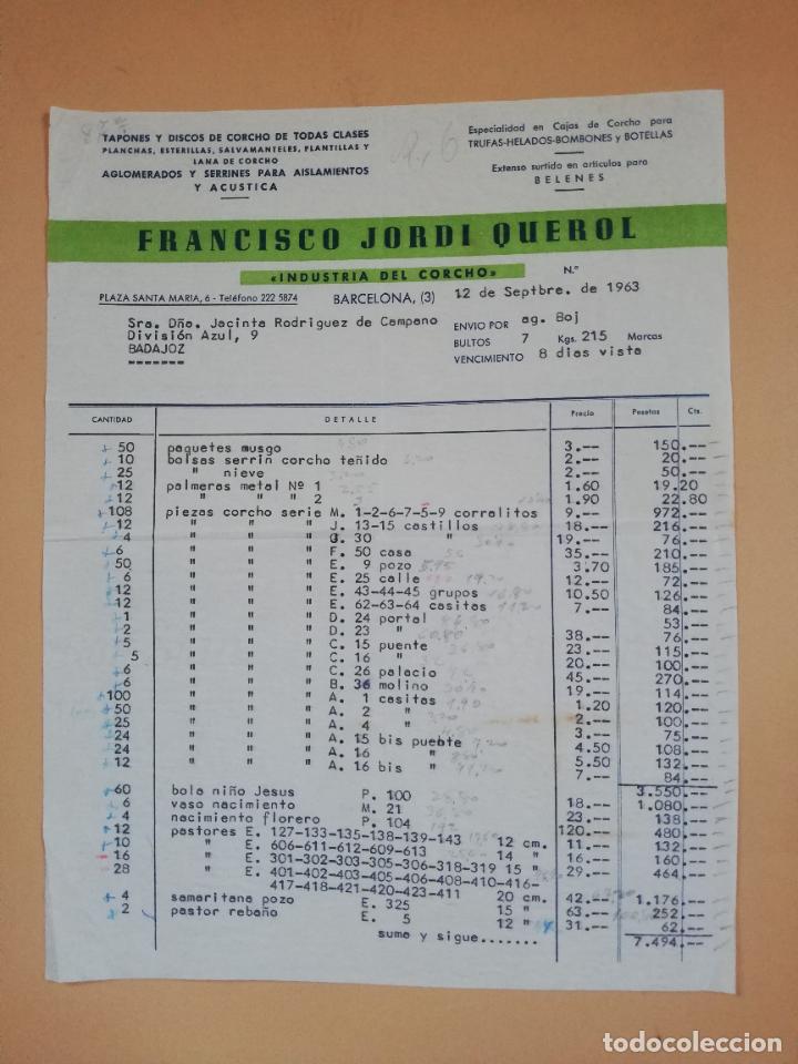 Factures anciennes: FACTURA. TAPONES Y DISCOS DE CORCHO DE TODAS CLASES. FRANCISCO JORDI QUEROL. BARCELONA, 1963.