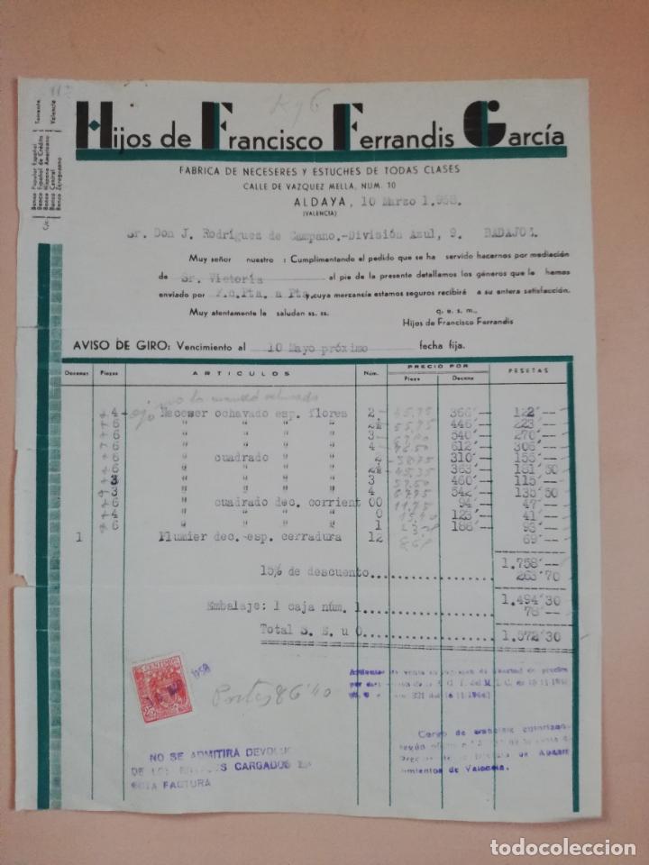 Factures anciennes: FACTURA. FABRICA DE NECESERES Y ESTUCHES. HIJOS DE FCO. FERRANDIS G&ordf;. ALDAYA, VALENCIA, 1958.