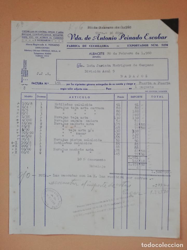 Factures anciennes: FACTURA. FABRICA DE CUCHILLERIA. VDA. DE ANTONIO PEINADO ESCOBAR. ALBACETE. 1960.