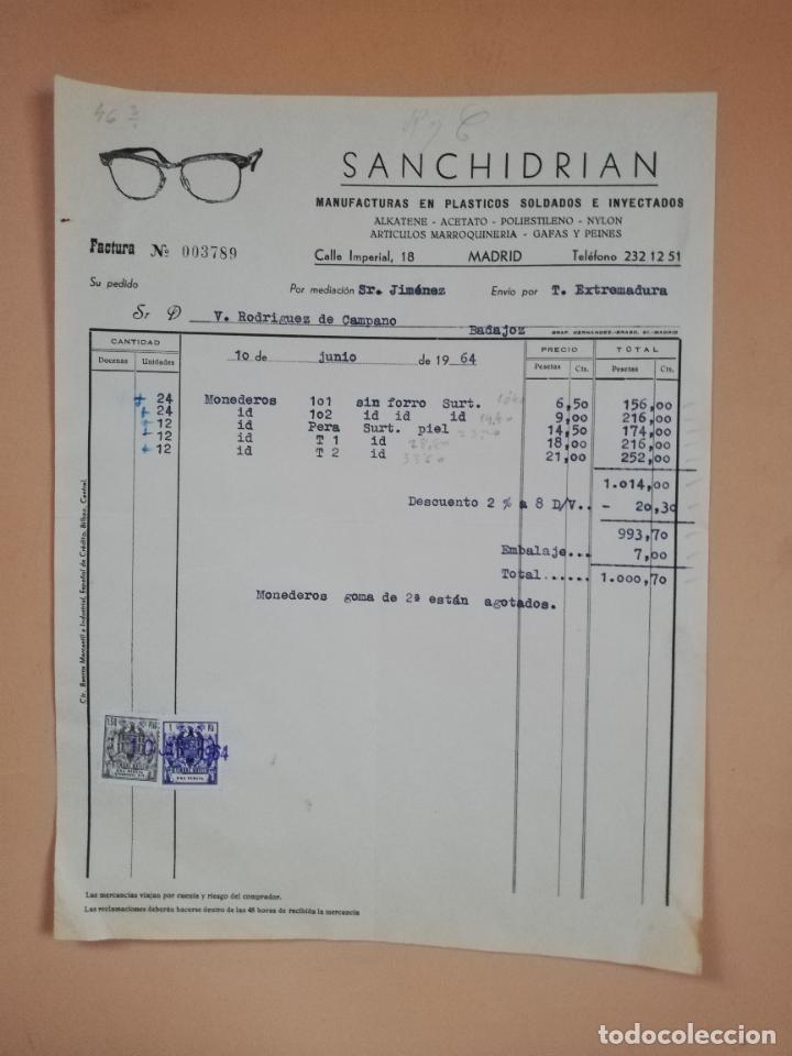 Factures anciennes: FACTURA. MANUFACTURAS EN PLASTICOS SOLDADOS E INYECTADOS. SANCHIDRIAN. MADRID, 1964.