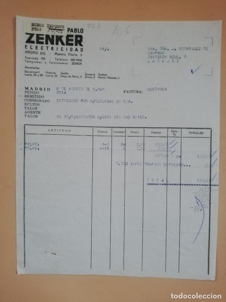 Factures anciennes: FACTURA. ZENKER, ELECTRICIDAD. HEREDEROS DE PABLO. MADRID, 1964.