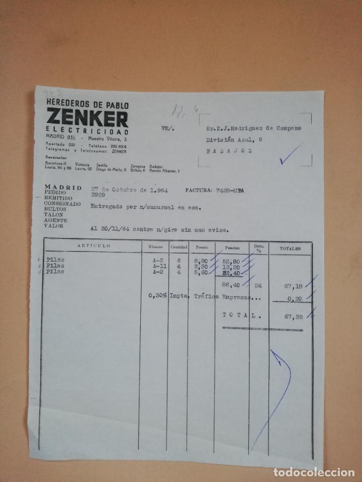 Factures anciennes: FACTURA. ZENKER, ELECTRICIDAD. HEREDEROS DE PABLO. MADRID, 1964.