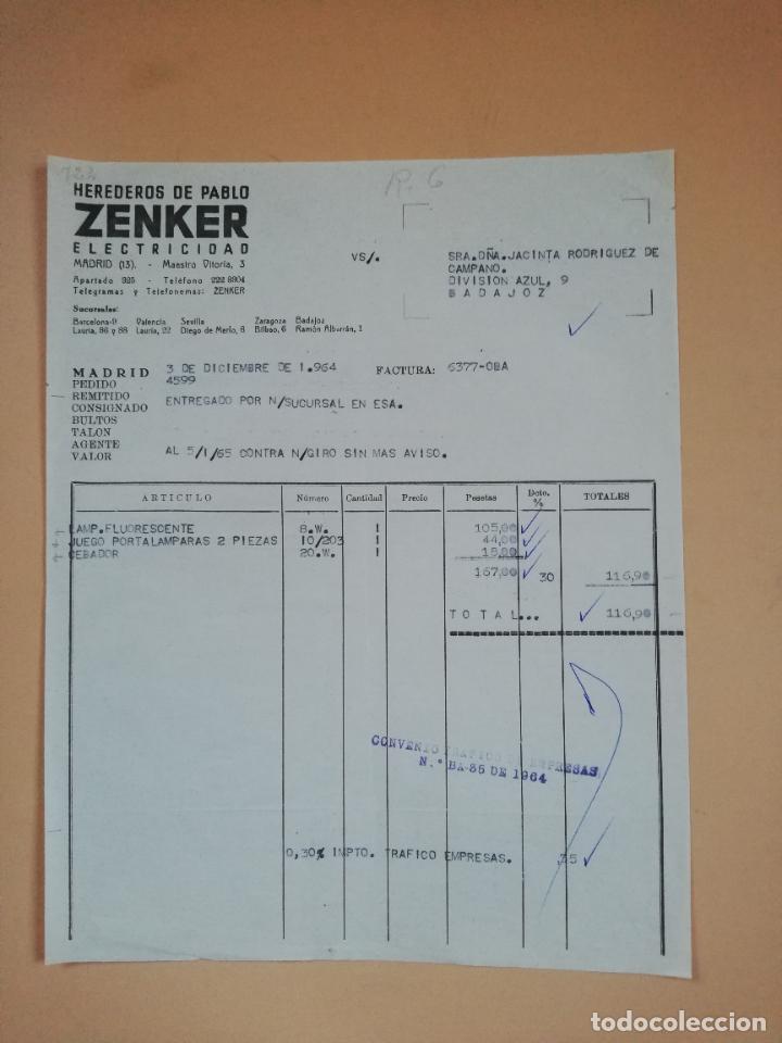 Factures anciennes: FACTURA. ZENKER, ELECTRICIDAD. HEREDEROS DE PABLO. MADRID, 1964.