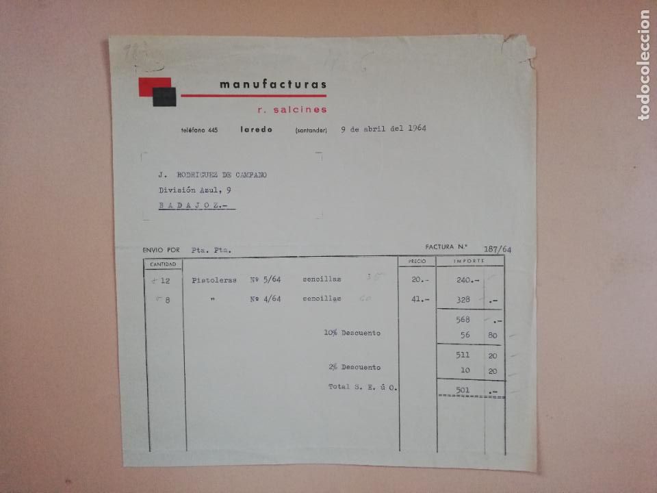 Factures anciennes: FACTURA. MANUFACTURAS. R. SALCINES. LAREDO, SANTANDER, 1964.