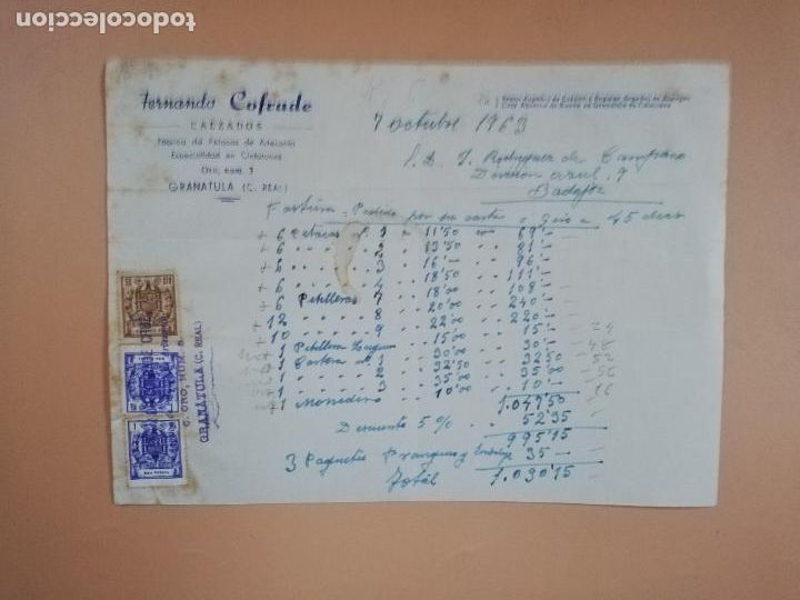 Factures anciennes: FACTURA. CALZADOS. FABRICA DE PETACAS DE ARTESANIA. CINTURONES. FDO. COFRADE. GRANATULA,C. REAL 1963