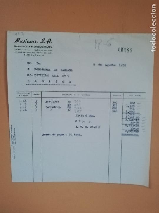 Factures anciennes: FACTURA. MUSICART, S.A. DIONISIO CHIAPPO. BARCELONA, 1972.