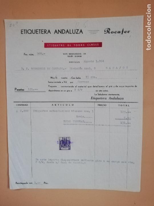 Factures anciennes: FACTURA. ETIQUETERIA ANDALUZA. ROCAFER. ETIQUETAS DE TODAS CLASES. SEVILLA. 1964.