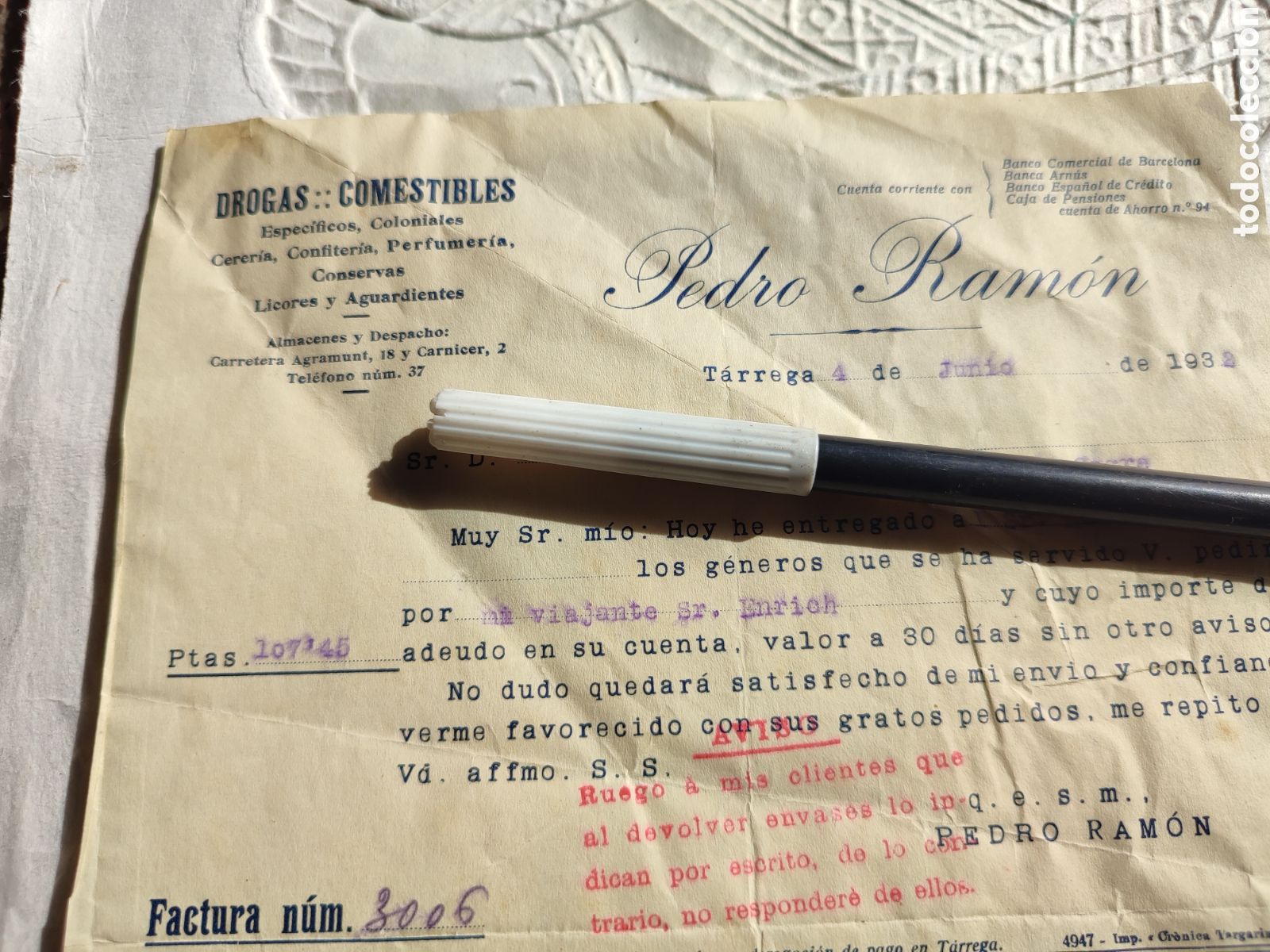 Facturas antiguas: Factura drogas Pedro Ramon T&agrave;rrega 1932 - Foto 2