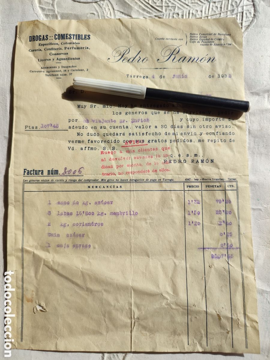 Facturas antiguas: Factura drogas Pedro Ramon T&agrave;rrega 1932 - Foto 1