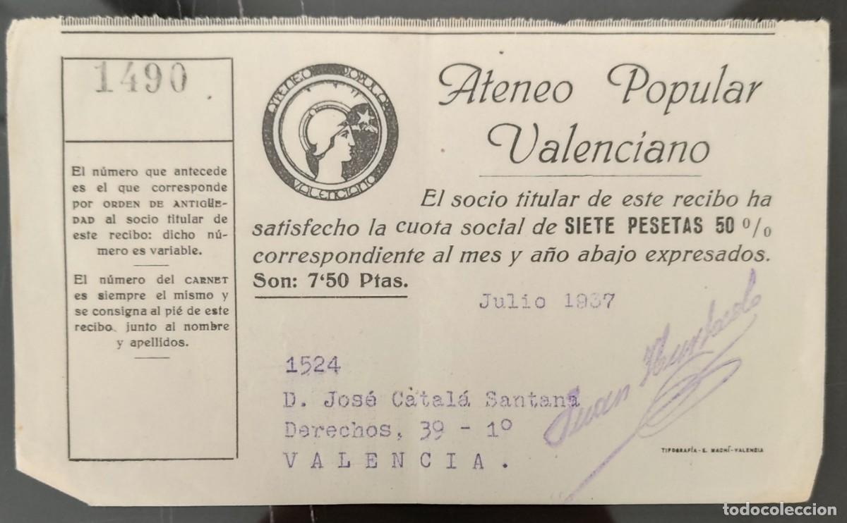 Factures anciennes: Papel factura recibo ateneo popular valenciano guerra civil a&ntilde;o 1937