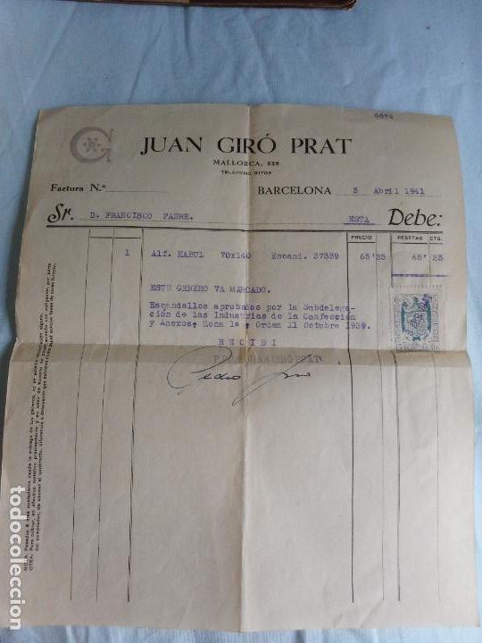Factures anciennes: ANTIGUA FACTURA JUAN GIRO PRAT. BARCELONA 1941