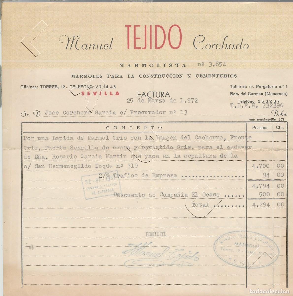 Factures anciennes: SEVILLA MARMOLISTA MANUEL TEJIDO CORCHADO FACTURA 1966 J92