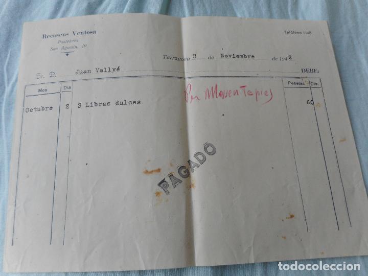Factures anciennes: ANTIGUA FACTURA RECASENS VENTOSA PASTELERIA TARRGONA 1942