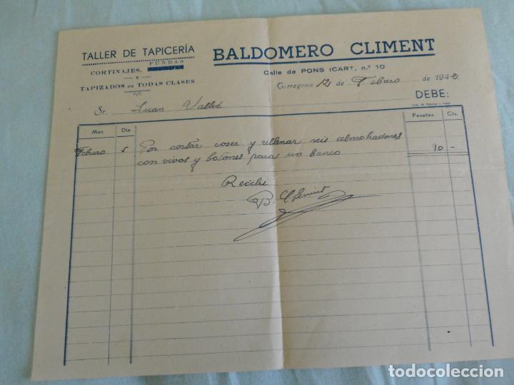 Factures anciennes: ANTIGUA FACTURA BALDOMERO CLIMENT. TALLER TAPICERIA TARRAGONA 1942