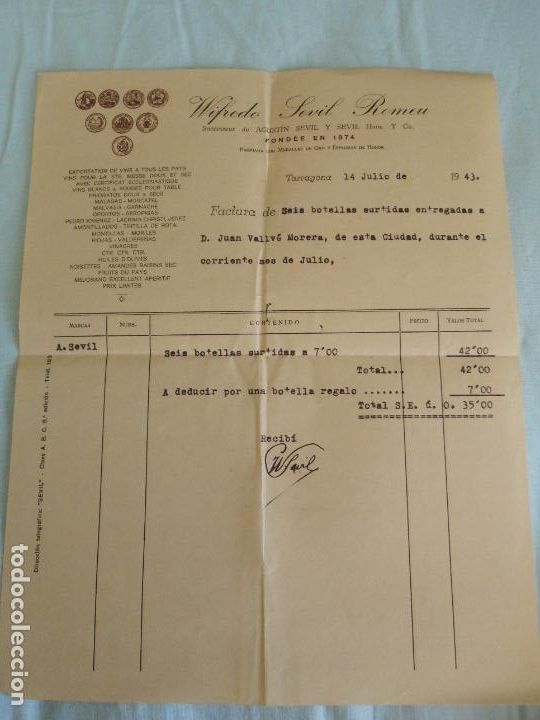 Factures anciennes: ANTIGUA FACTURA WIFREDO SEVIL ROMEU. EXPORTACION DE VINOS. TARRAGONA 1943