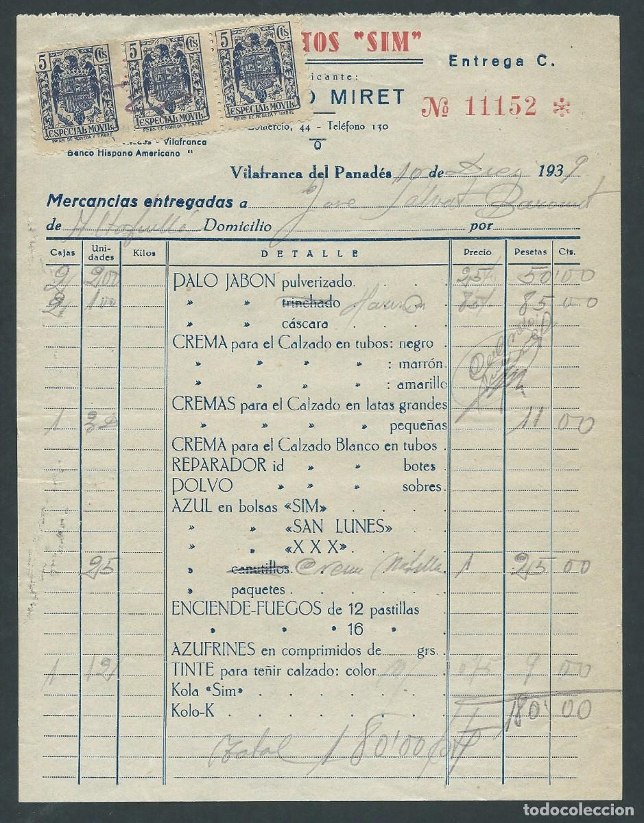 Factures anciennes: antigua Factura recibo pedro miret a&ntilde;o 1936 vilafranca del penedes productos sim