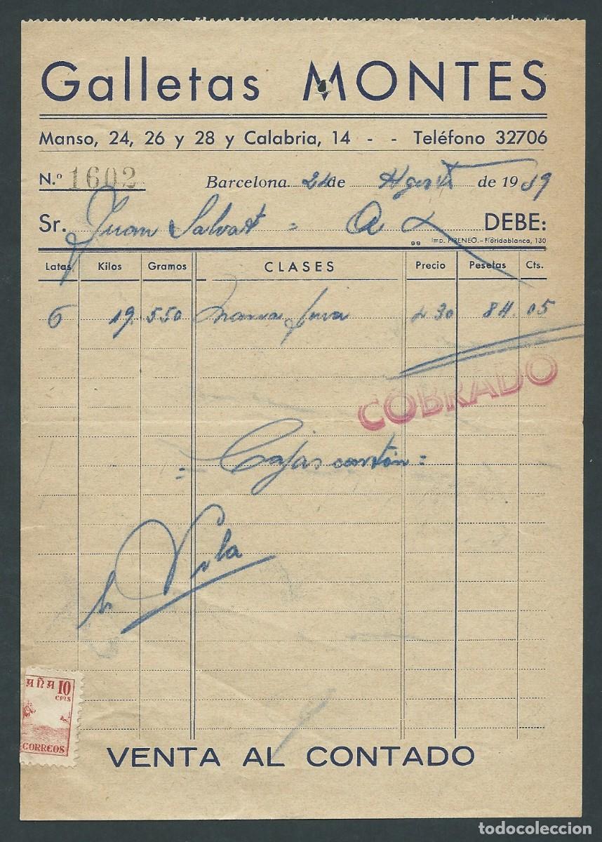 Factures anciennes: antigua Factura recibo galletas montes a&ntilde;o 1939 barcelona