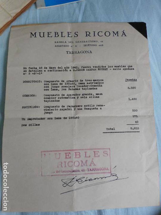 Factures anciennes: ANTIGUA FACTURA MUEBLES RICOMA TARRAGONA 1941