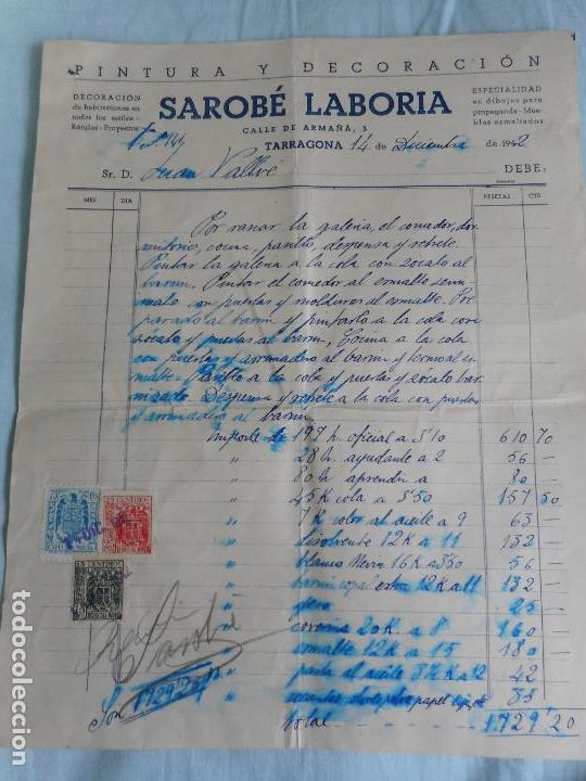 Factures anciennes: ANTIGUA FACTURA SAROBE LABORIA PINTURA Y DECORACION TARRAGONA 1942