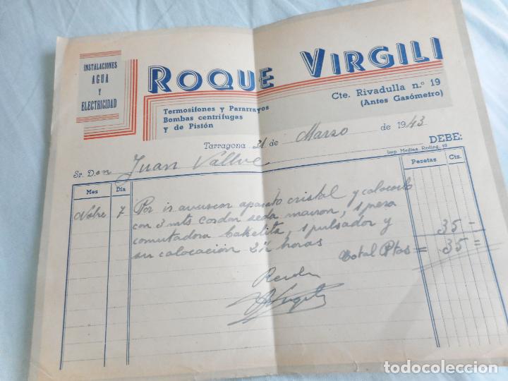Factures anciennes: ANTIGUA FACTURA ROQUE VIRGILI. INSTALACIONES AGUA Y ELECTRICIDAD. TARRAGONA 1943
