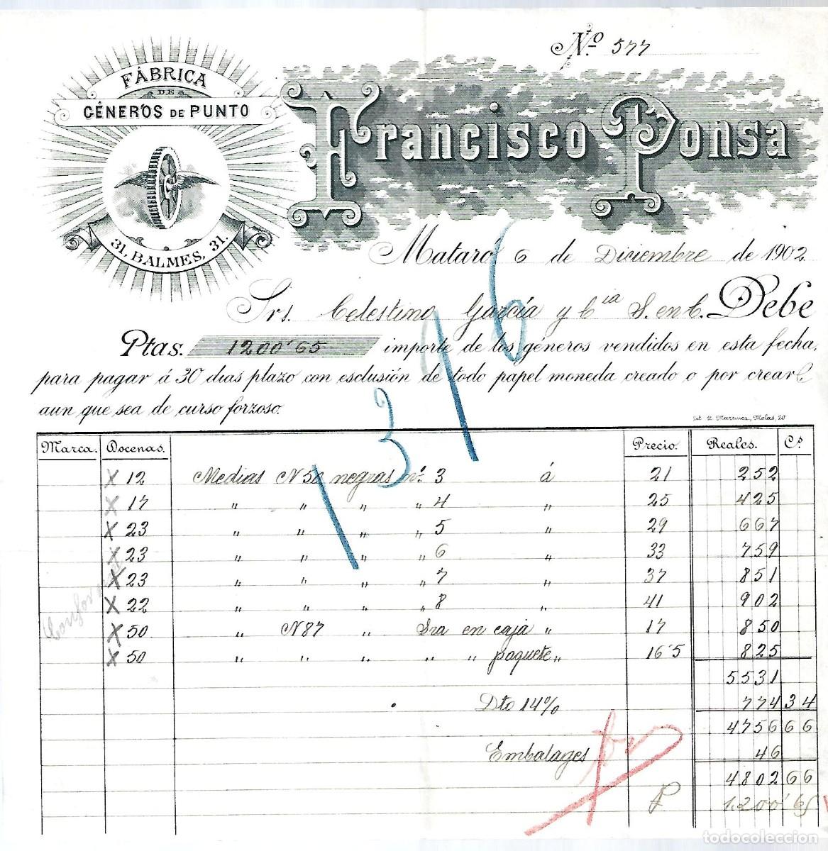 Factures anciennes: M250- MATARO 1.902 - FRANCISCO P&Ograve;NSA -FABRICA GENEROS DE PUNTO DEL 6- 12- 1.902