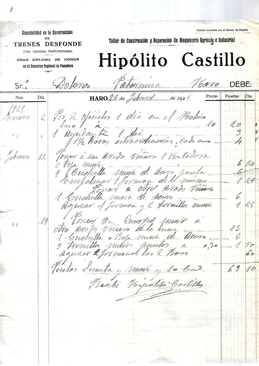 Factures anciennes: M250- HARO 1.926 - HIPOLITO CASTILLO TRENES DESFONDE DEL 28- 2- 1.926