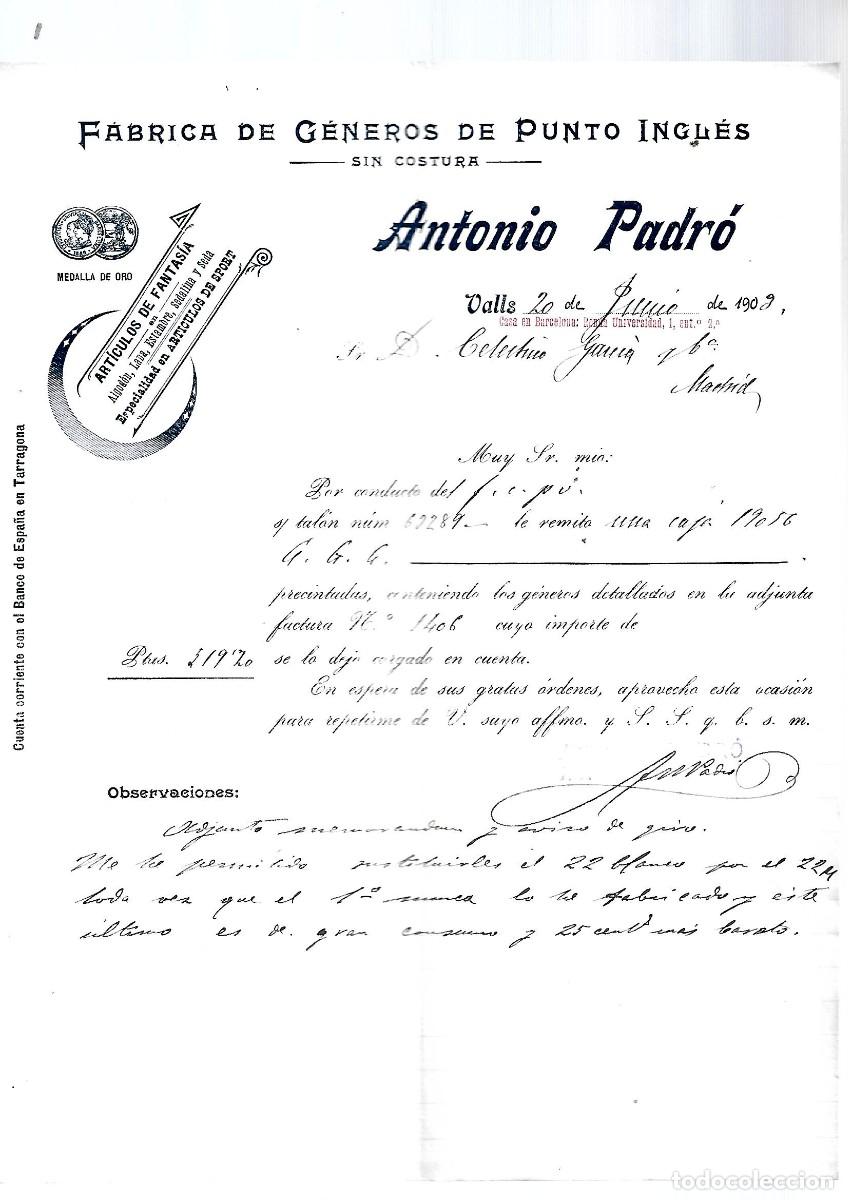 Factures anciennes: M250- VALLS 1.903 - ANTONIO PADRO FABRICA TEJIDOS Y PUNTOS INGLES DEL 20-6 - 1.903