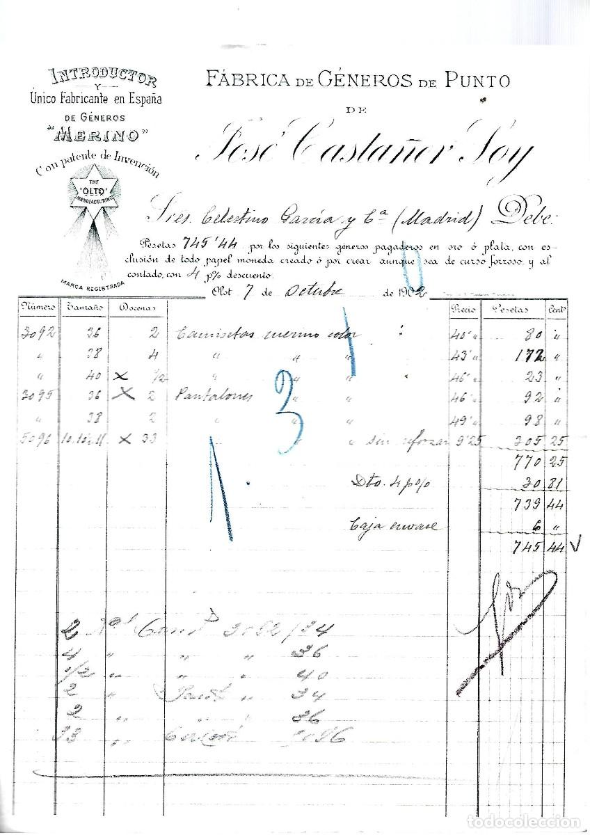 Factures anciennes: M250- OLOT 1.902 - JOSE CASTA&Ntilde;ER SOY FABRICA TEJIDOS Y PUNTOS DEL 7-10 - 1.902