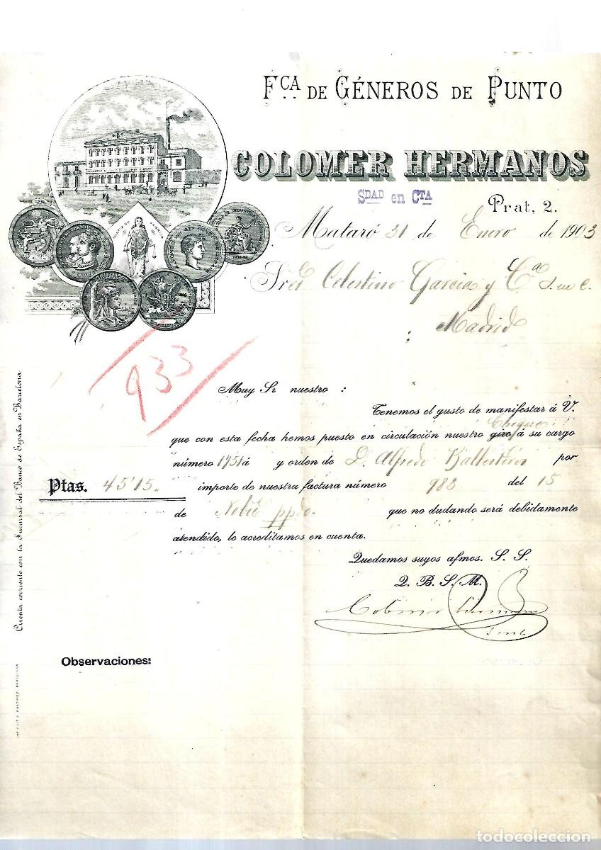 Factures anciennes: M250- MATARO 1.903 - COLOMER HERMANOS FABRICA GENEROS DE PUNTO DEL 31- 1 - 1.903