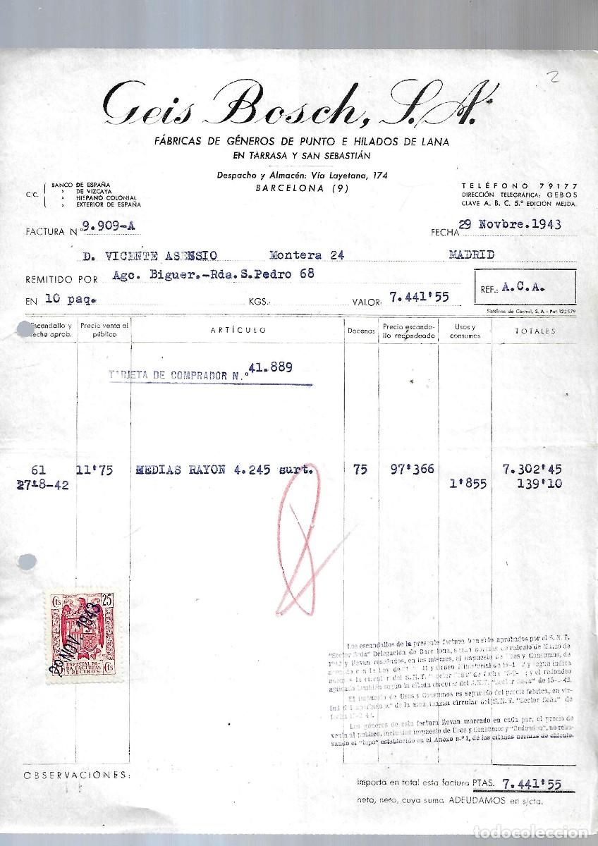 Factures anciennes: M250- MADRID 1.943 - GEIS BOSCH S .A -FABRICA GENEROS DE PUNTO DEL 29- 11 - 1.943