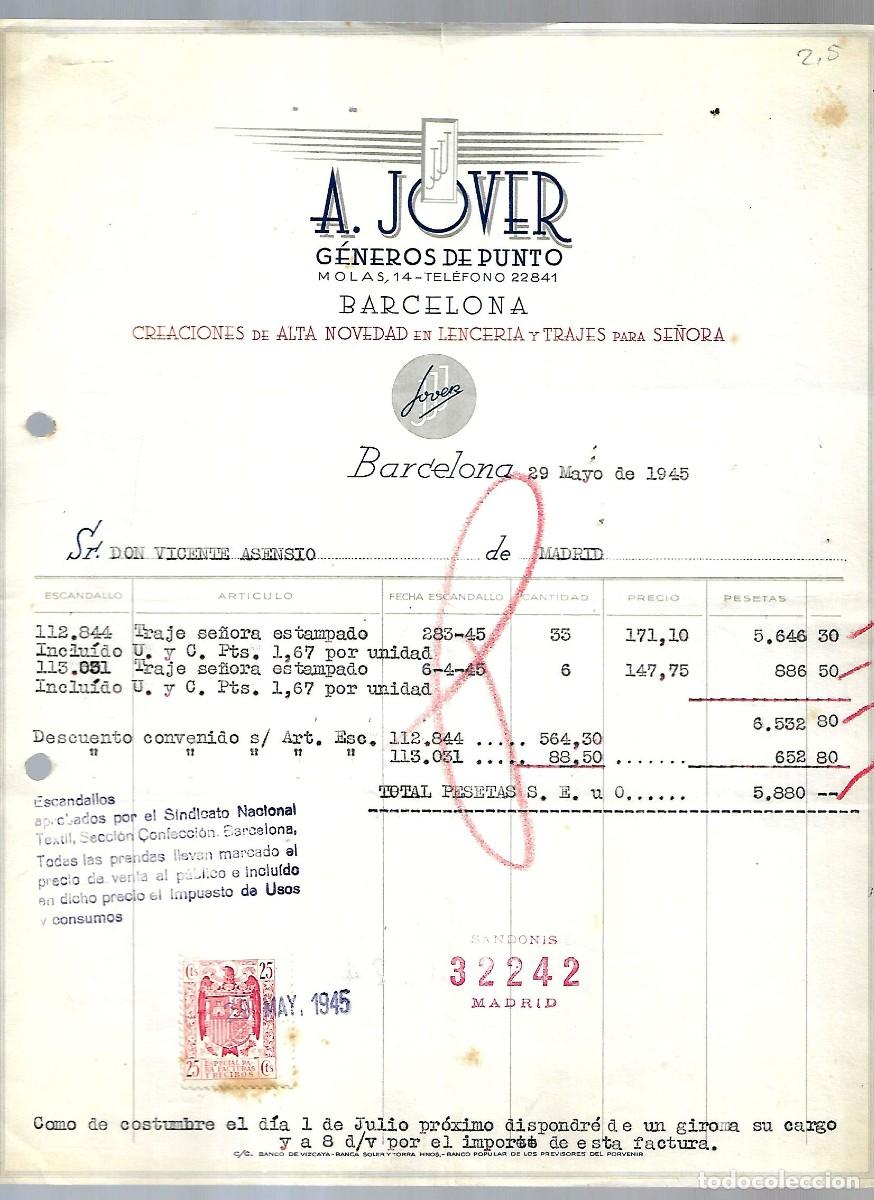 Factures anciennes: M250- BARCELONA 1.945 - A. JOVER -FABRICA GENEROS DE PUNTO DEL 29- 5 - 1.945