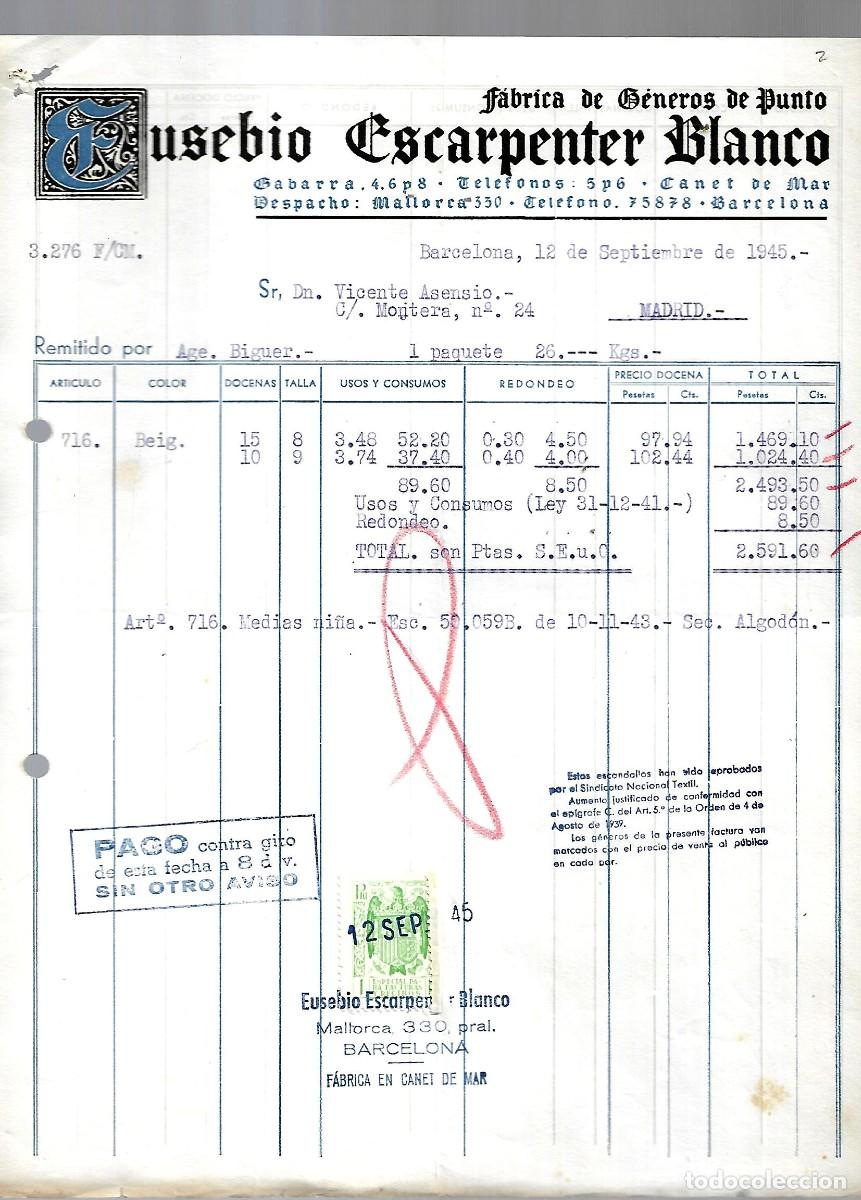 Factures anciennes: M250- BARCELONA 1.945 -EUSEBIO ESCARPENTER BLANCO -FABRICA GENEROS DE PUNTO DEL 12- 9 - 1.945