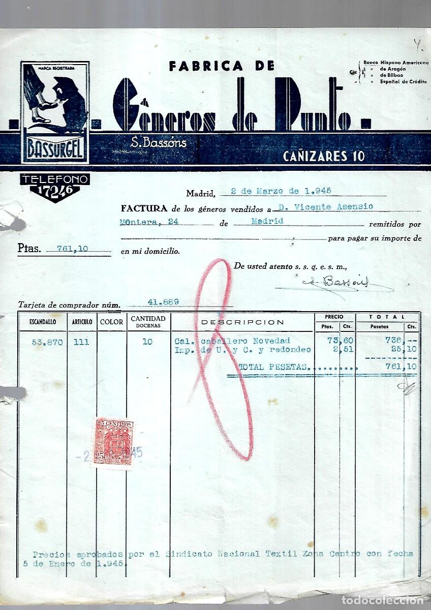 Factures anciennes: M250- MADRID 1.945 -BASSURGEL -FABRICA GENEROS DE PUNTO DEL - 6 -3 - 1.945