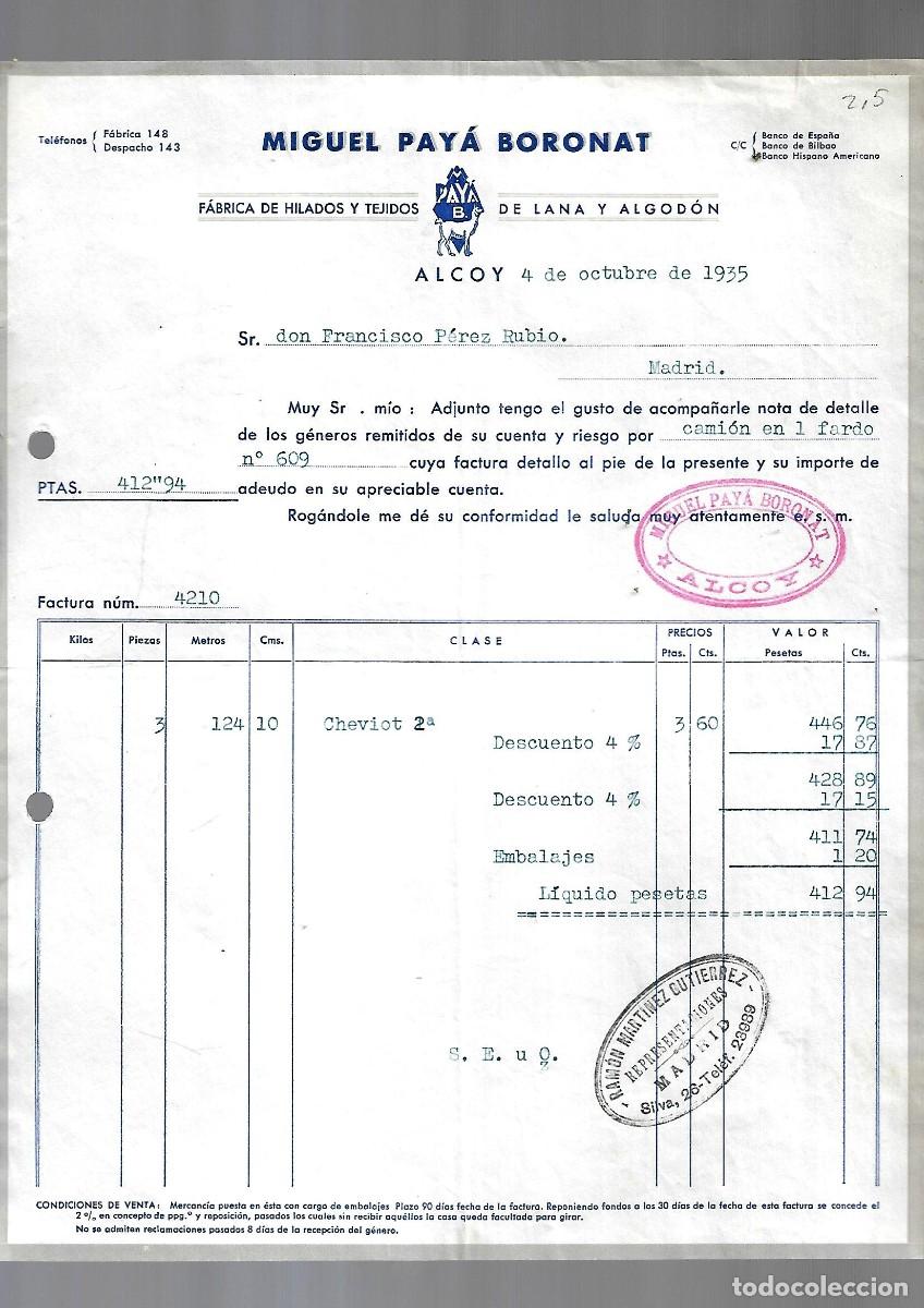 Factures anciennes: M250- ALCOY 1.935 - MIGUEL PAYA BORONAT - FABRICA TEJIDOS DEL -4- 10- 1.935