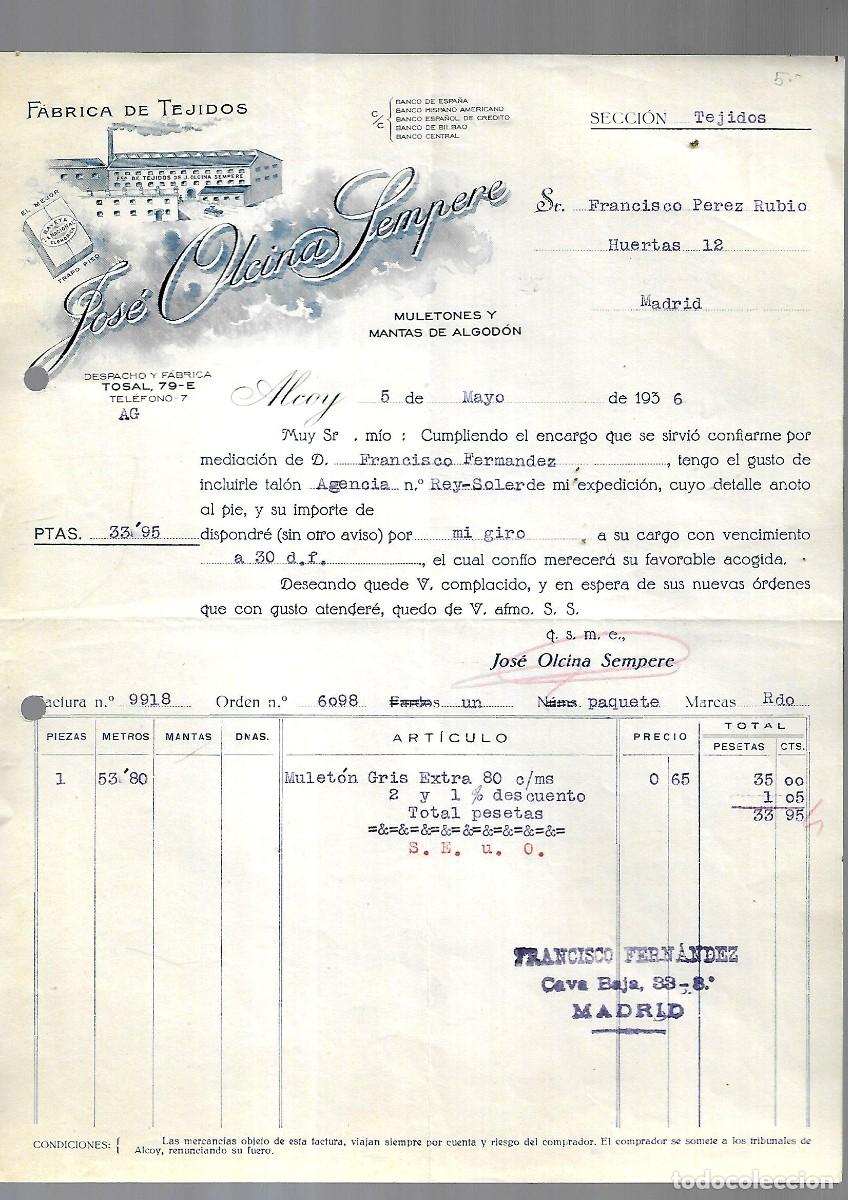 Factures anciennes: M250- ALCOY 1.936 -JOSE ALCINA SEMPERE - FABRICA TEJIDOS DEL -5- 5- 1.936