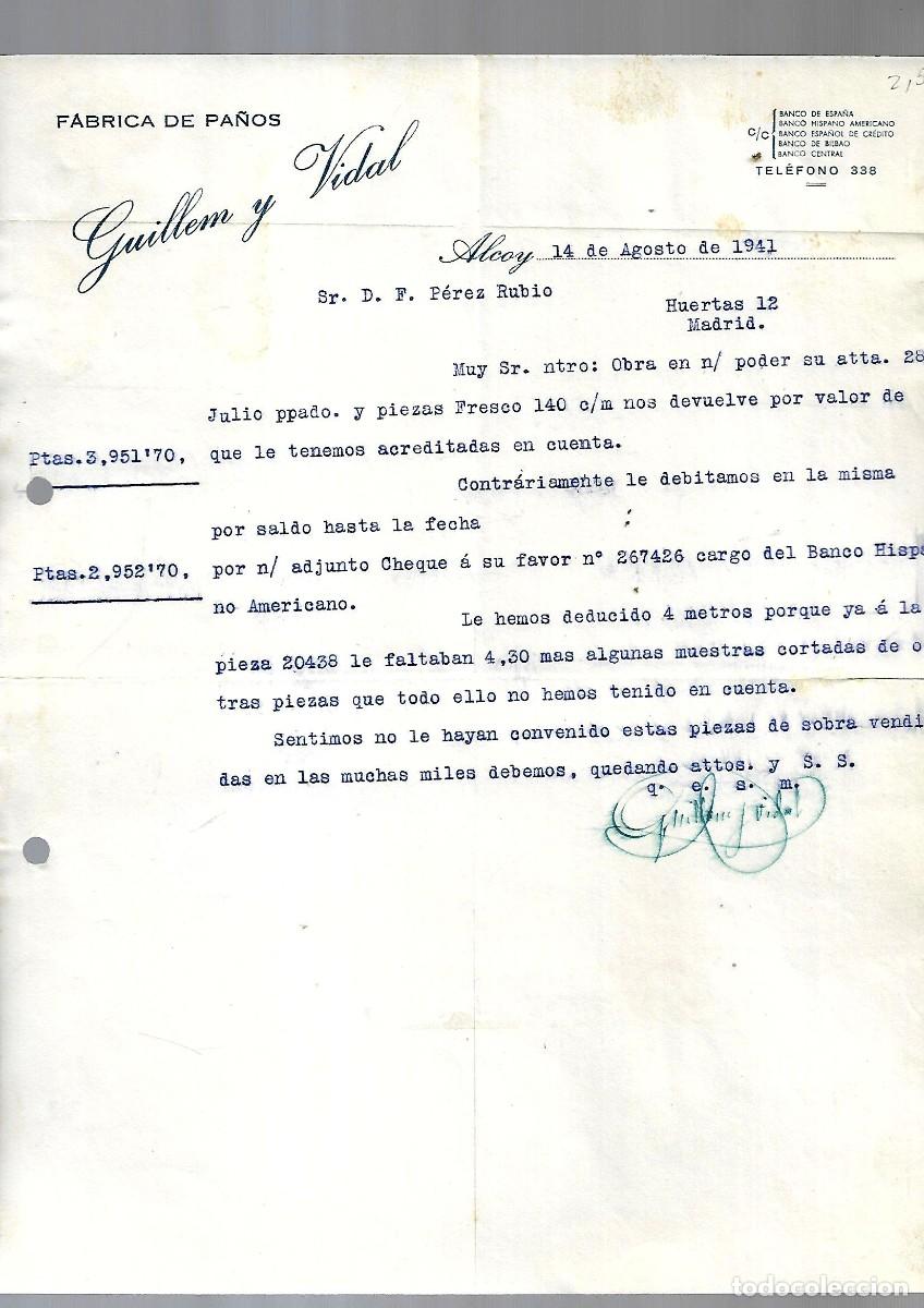 Factures anciennes: M250- ALCOY 1.941 - GUILLEN Y VIDAL - FABRICA TEJIDOS DEL -14- 8- 1.941
