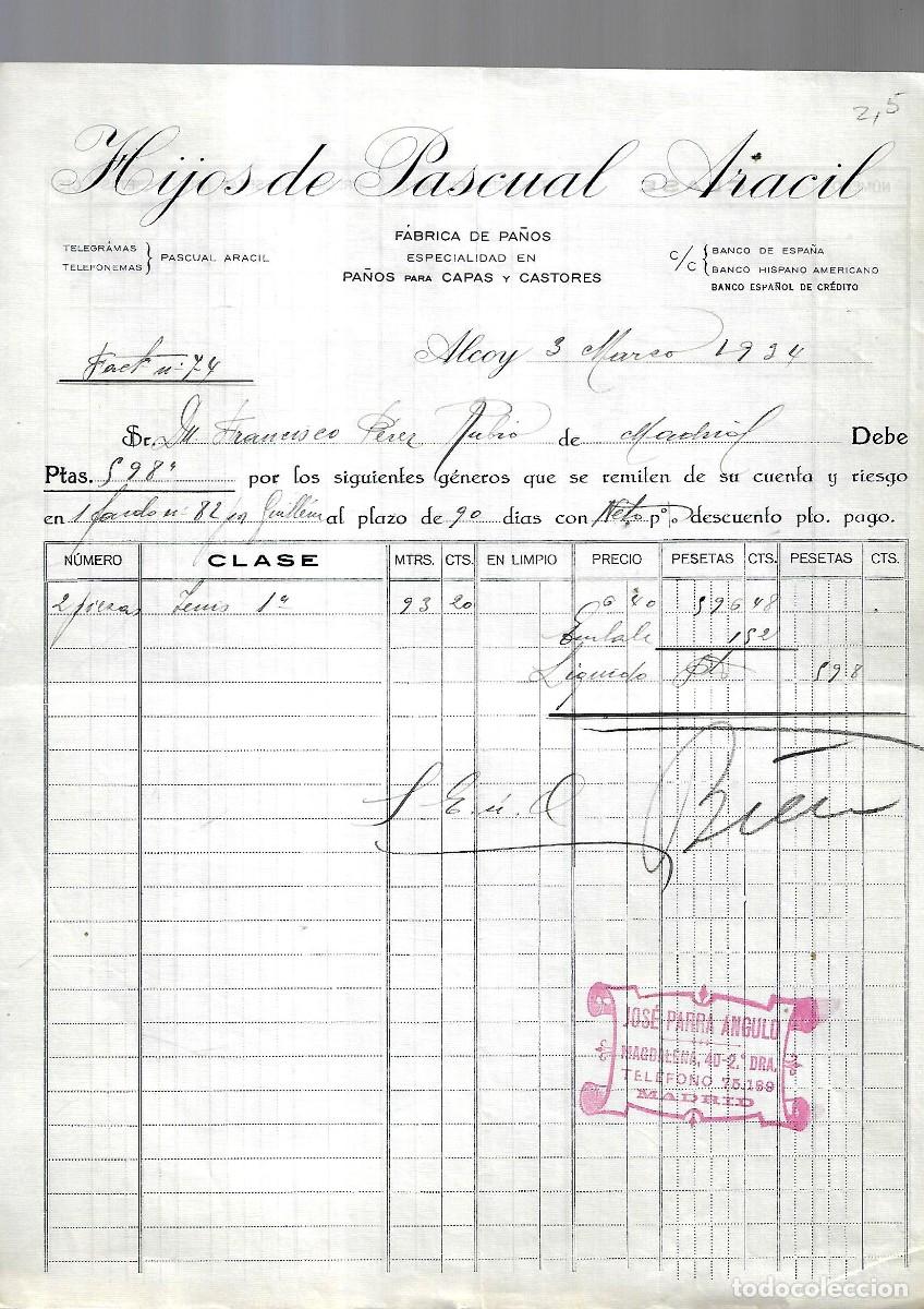 Factures anciennes: M250- ALCOY 1.934 - HIJOS DE PASCUAL ARACIL - FABRICA TEJIDOS DEL -3- 3- 1.934