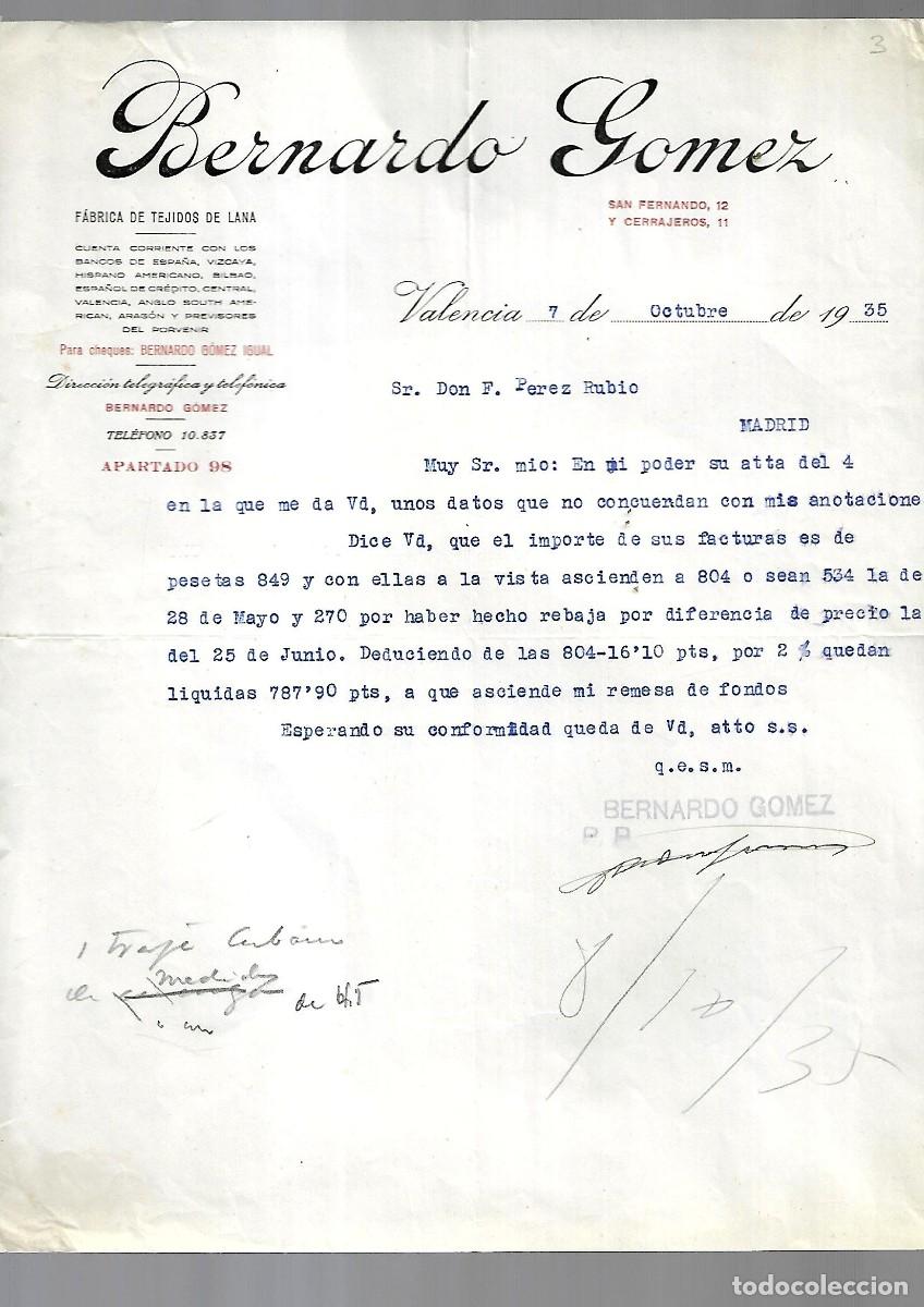 Factures anciennes: M250- VALENCIA 1.935 -BERNARDO GOMEZ - FABRICA SEDERIAS DEL -7- 10- 1.935